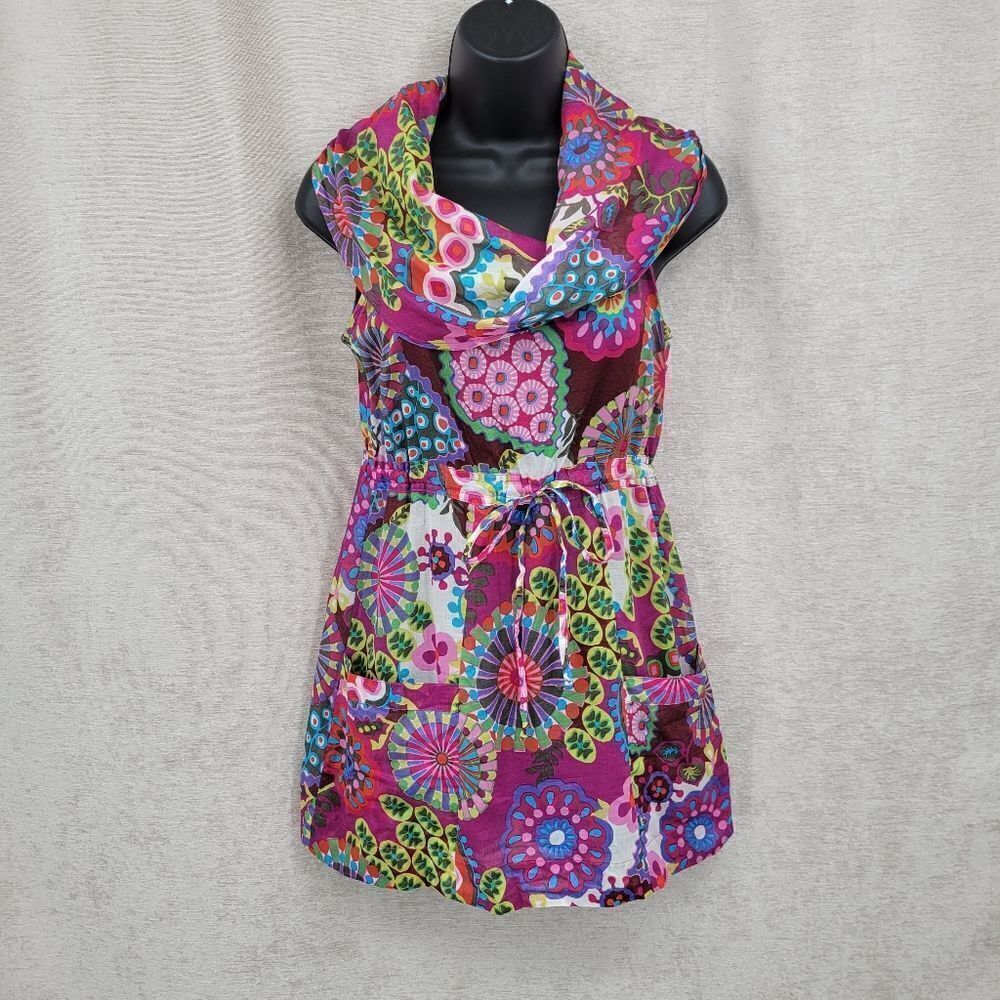 Ivy Jane Cotton Voile Print Floral Multicolor Sleeveless Mini Tunic Dress Cowl